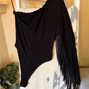 SHEIN Black Asymmetrical Fringe Bodysuit